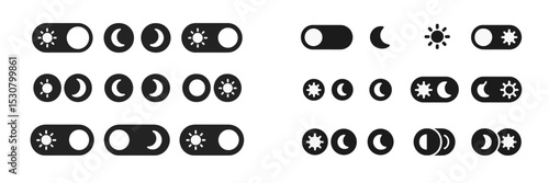Icon set showcasing toggle switches for light and dark mode across various styles and designs