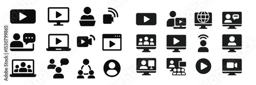 Various icons representing digital media, online communication, and video platforms in a simple, modern design