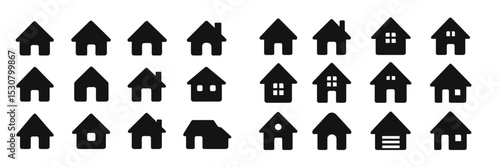 Variety of house icons displayed in a grid format showcasing diverse shapes and designs