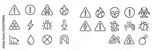 Various warning symbols and icons representing hazards, dangers, and safety precautions for various environments