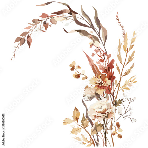 Greeting card with autumn dry flowers, wedding invitation card, birthday celebration, summer background, botanical art, watercolor, vector illustration, seasonal floral design.