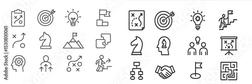 Business planning and strategy symbols with various icons representing goals, teamwork, and problem-solving activities