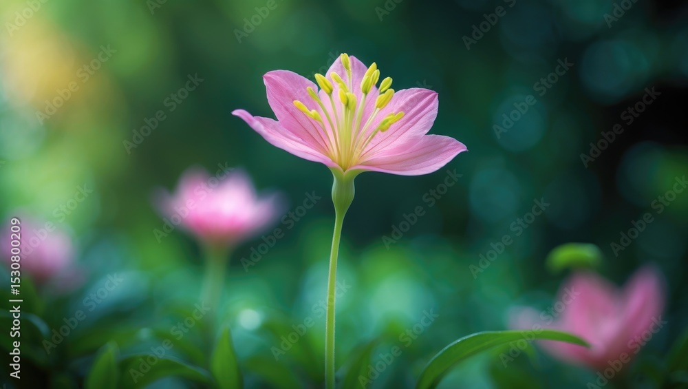 Fototapeta premium A brightly colored pink flower with a vivid yellow center gracefully blooms in a sunlit garden.