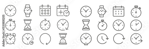 Collection of clock and time-related icons showcasing various time-keeping devices in minimalist design