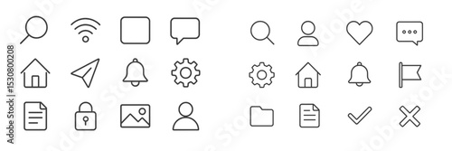 Collection of simple line icons representing common digital functions and activities