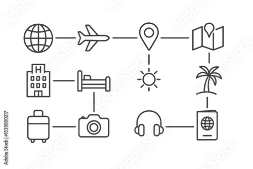 Travel planning guide for vacation with essential symbols and vectors