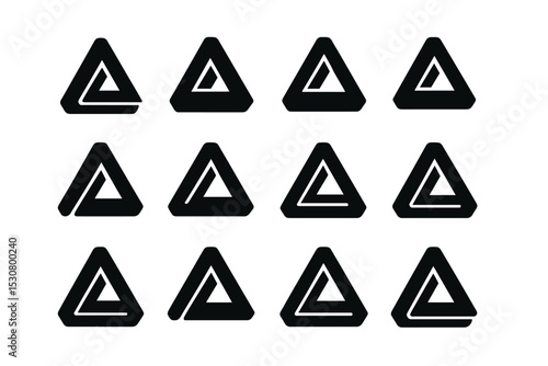 Simple black triangle logo designs arranged in a grid showcasing various styles and shapes in a minimalist approach