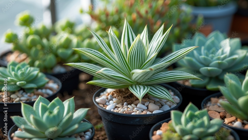 Obraz premium Close-up of a Haworthia zebra plant in natural sunlight. A small succulent with short leaves and white tubercle bands, used as an ornamental plant for garden or home decoration.