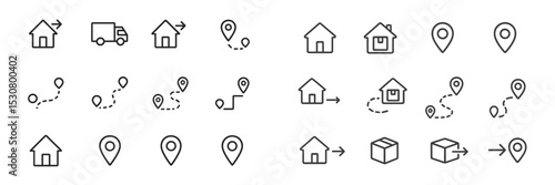 Icons depicting various transportation and location concepts for navigation and delivery applications