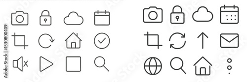 Collection of simple line icons representing various digital applications and functions for user interface design
