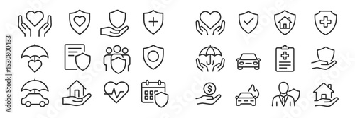 Hand-drawn icons representing various aspects of health, insurance, and financial protection displayed on a clean white background