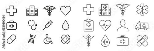 Health and medical icons collection showcasing symbols of care, treatment, and health services