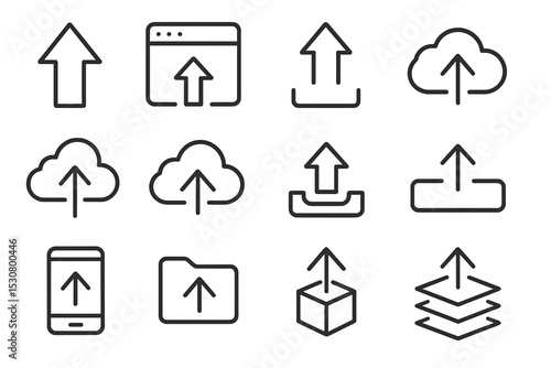 Upload icons collection showcasing various upload symbols in minimalist design for web and mobile applications