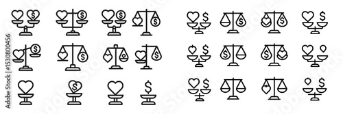 Icons representing balance between love and money in various designs and arrangements for illustration and graphic design