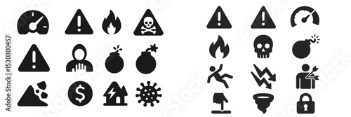 Warning symbols showcase safety hazards and cautionary alerts in a range of contexts