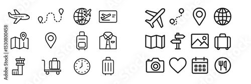 Travel icons representing various aspects of journey planning and exploration including maps, transportation, and destinations