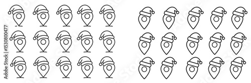 Festive holiday map pins with Santa hats in a playful pattern on a light background