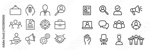 Visual representation of various business and teamwork concepts including hiring, collaboration, and communication