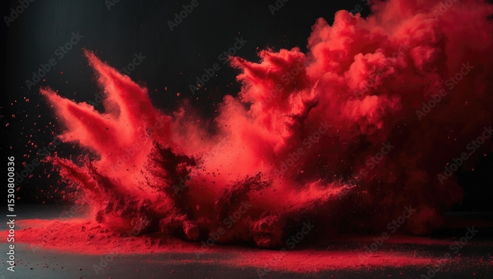 Fototapeta premium Abstract red powder explosion on black background with dynamic particles and vibrant motion effects.