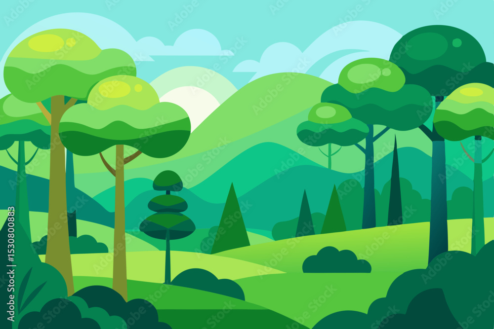 Obraz premium Vibrant Cartoon Forest Landscape Vector - Green Nature Background with Hills & Trees