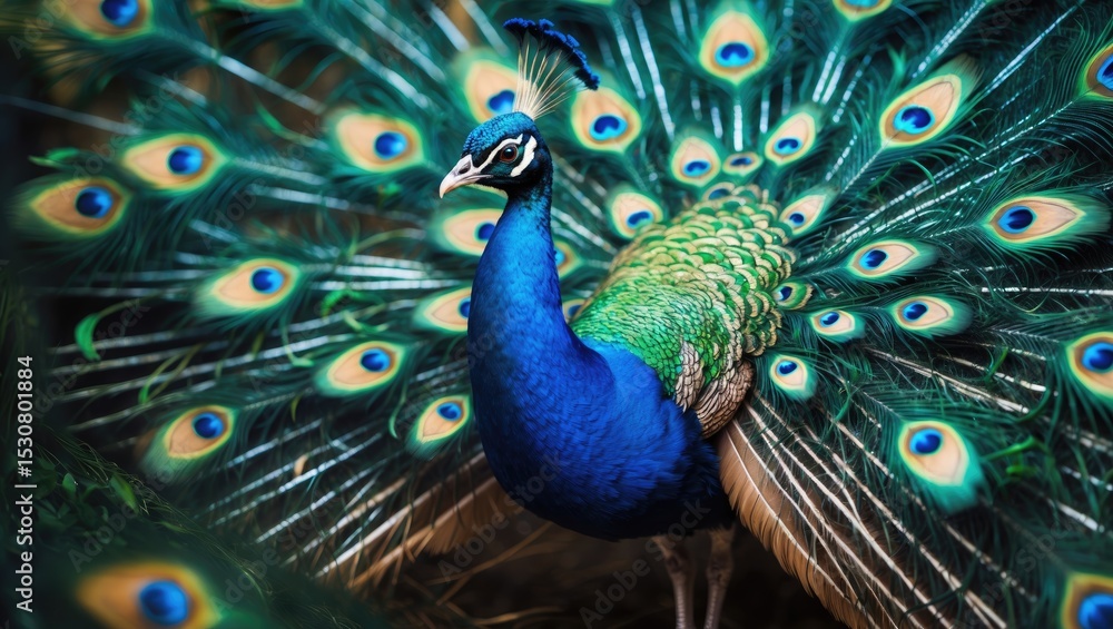 Fototapeta premium Abstract image featuring a peacock among feathers set against a dark background.
