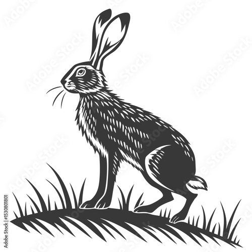 Engraved hare sits amidst stylized grass in a striking monochrome illustration