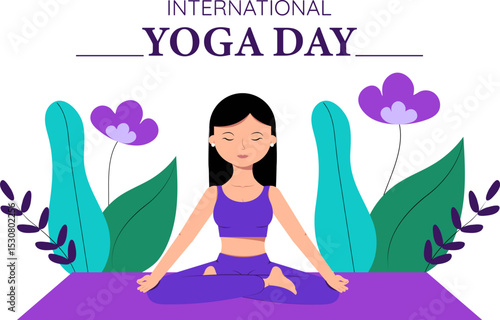 Illustration of people doing asana and meditation on peaceful calming background, Banner, poster, template design on International Yoga Day.