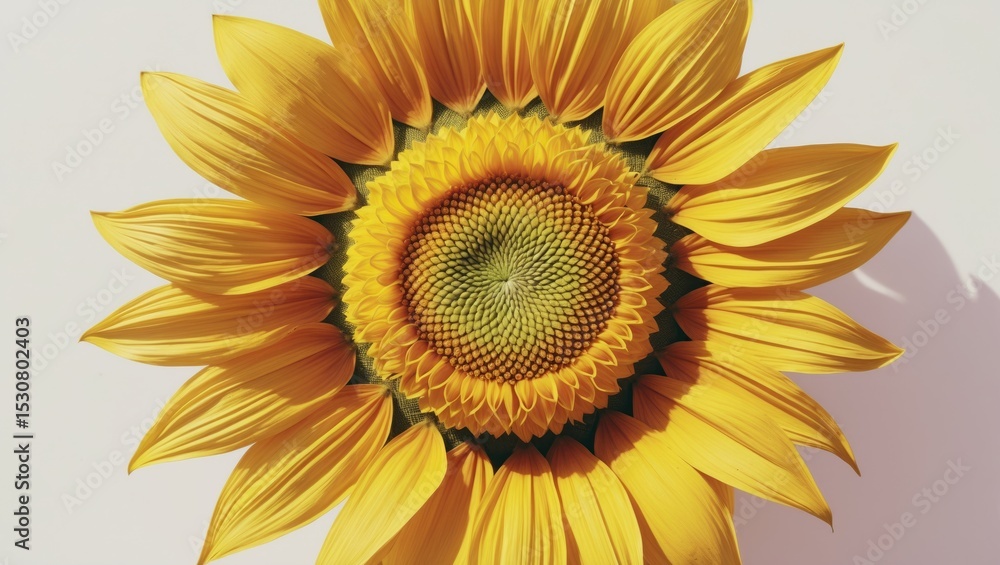 Fototapeta premium A single large yellow sunflower isolated with clear stamens against a white background, viewed from the side.