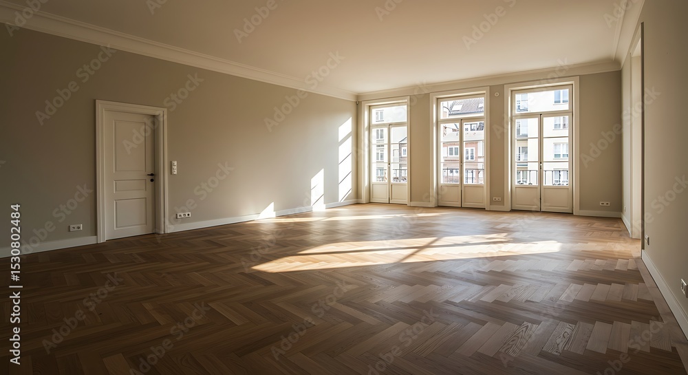 Obraz premium Empty Room with Sunlight and Hardwood Herringbone Floor, Neutral Interior