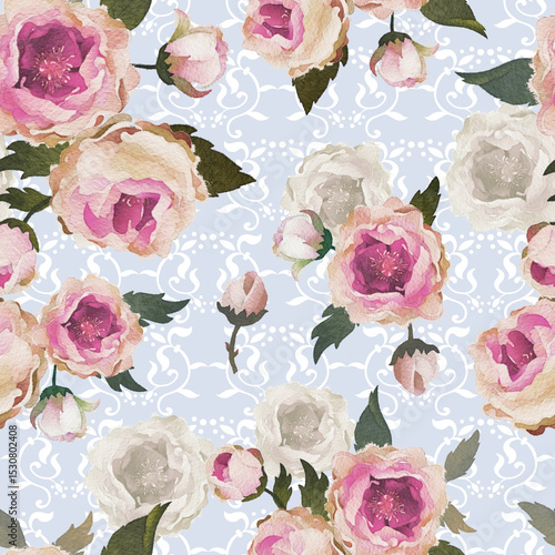 Seamless pattern of watercolor peony roses in vintage colors. Gorgeous flowers for textiles, wallpaper and interior design