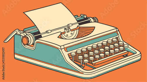 Retro Teal Typewriter Illustration with Blank Paper on Orange Background – Vintage Vector Art