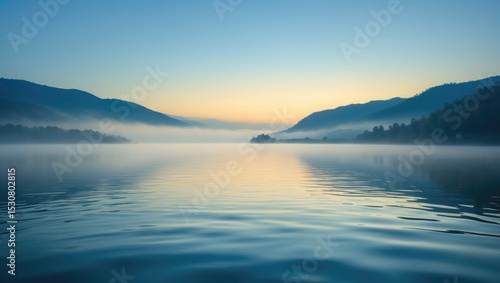 A peaceful scene of a foggy morning with mountains and still waters mirroring the landscape in Mission, British Columbia, Canada.