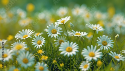 Fototapeta Naklejka Na Ścianę i Meble -  A focused shot on white daisies in a field located in Masuria, Poland.