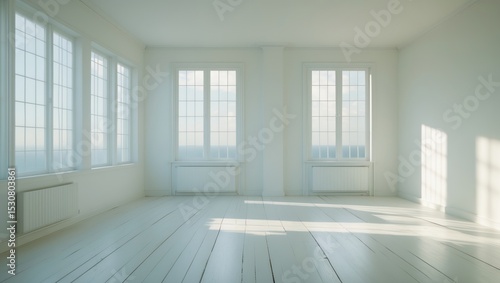 Wallpaper Mural A roomy and open interior featuring large windows that permit natural light, with light wood flooring and neutral walls contributing to a peaceful environment. Torontodigital.ca