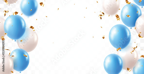 Elegant blue white balloons and party confetti ribbon, for happy Birthday celebration card banner template background