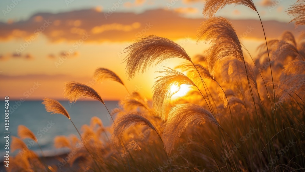 Backlit pampas grass sways against a golden sunset over a peaceful coastline. Sun rays highlight feathery plumes, producing a warm glow that contrasts with the cool ocean waters below. Backlit pampas grass sways against a golden sunset over a peaceful coastline. Sun rays highlight feathery plumes, producing a warm glow that contrasts with the cool ocean waters below.