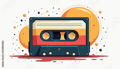 Stylized illustration of a vintage cassette tape with colorful accents