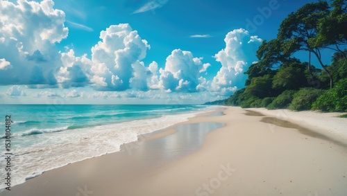 Fototapeta Naklejka Na Ścianę i Meble -  Amazing tropical beach with white sand, blue ocean waves, and lush greenery under a bright sky, showcasing the stunning beauty of an untouched paradise and an ideal vacation escape.