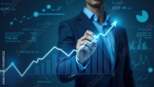 Futuristic Businessman Drawing Glowing Financial Chart on Holographic Interface