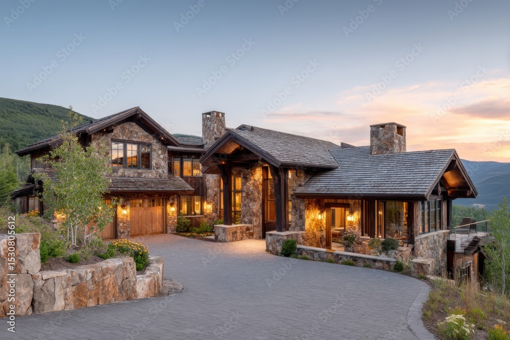 Luxury stone house exterior design on white background Luxury stone house exterior design on white background