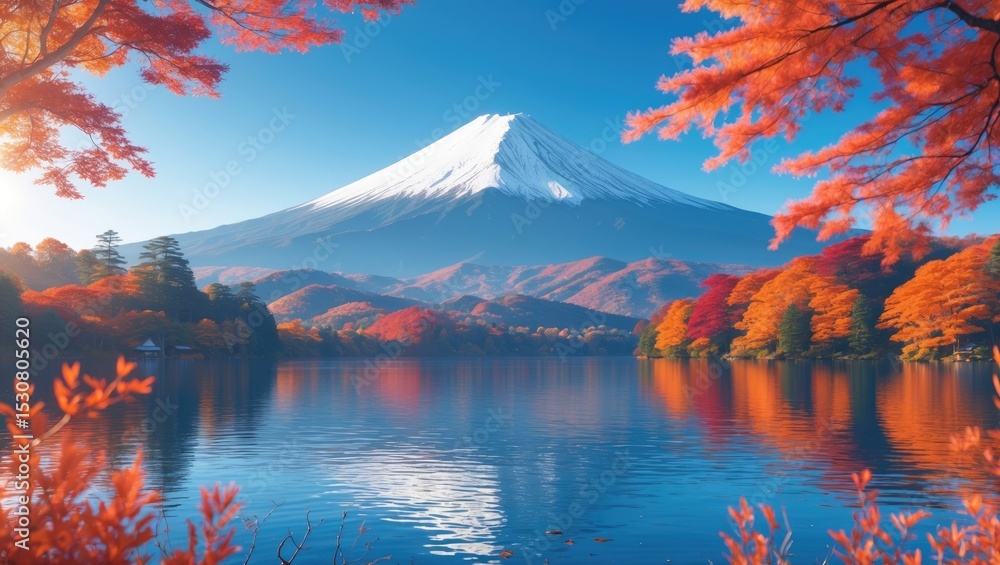 Obraz premium A stunning vista of Fuji mountain and Kawaguchiko lake during Autumn season in Yamanashi, Japan