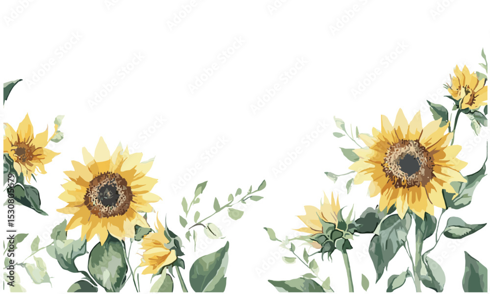 Fototapeta premium Sunflowers floral border, watercolor botanical art, invitation card for birthday and wedding, summer background, vector illustration, garden party theme, wildflowers, nature inspired design.