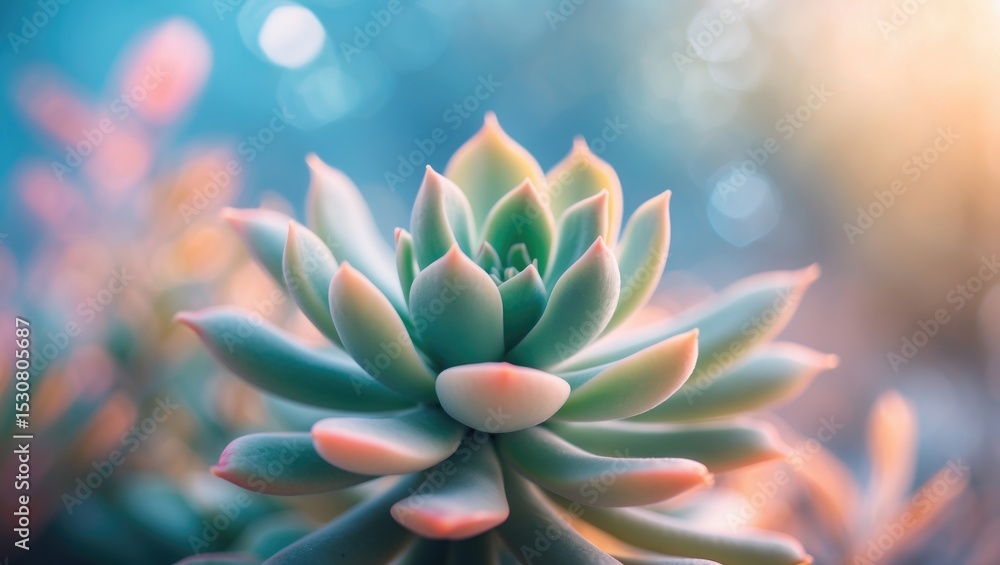 Fototapeta premium A graceful succulent with pastel-colored, soft leaves resting in a dark, smooth planter under gentle daylight.