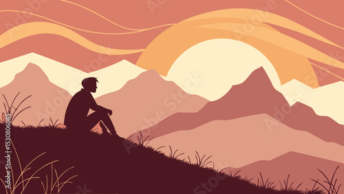 Silhouette of a person sitting on a hill overlooking mountains at sunset in a warm color palette scene
