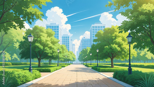 Beautiful anime style perspective of a green park avenue with trees and lamp posts.