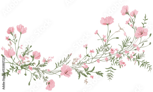 Vector illustration of floral border with pink wildflowers and foliage, suitable for invitation card for holiday, wedding or birthday, watercolor garden, floral template, botanical frame.