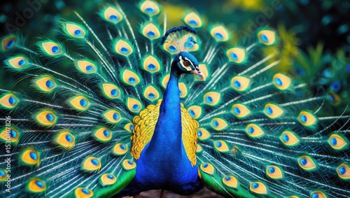 A peacock sitting with its feathers spread out.