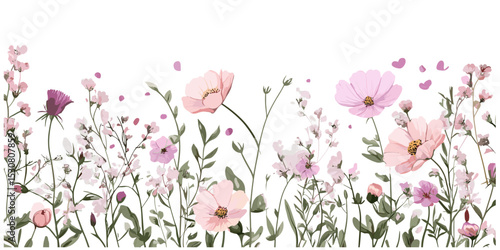 Vector illustration, wildflowers and pink floral border, wedding card design, birthday invitation, bohemian style, hand-painted bouquet, foliage pattern, png, nature inspired floral art.
