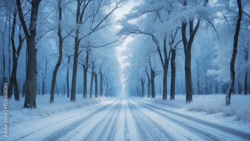 A winter road blanketed with fresh snow. Tall trees covered in snow, creating a peaceful and magical landscape. Vertical photograph