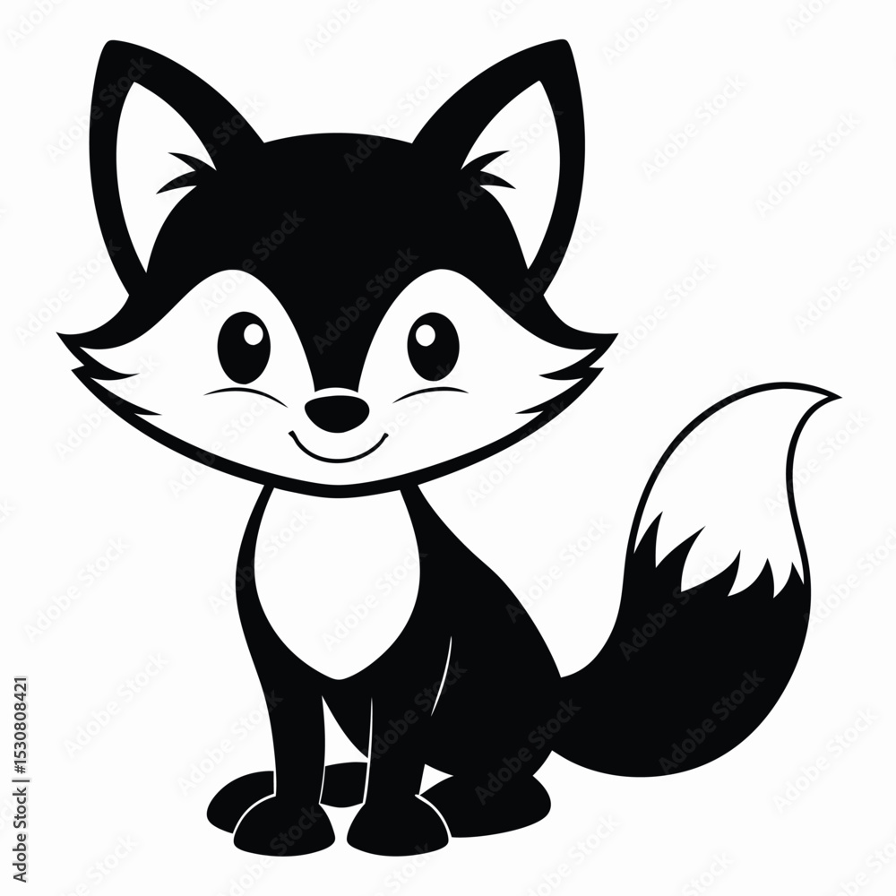 Obraz premium Black and white illustration depicts a charming cartoon fox sitting down gracefully